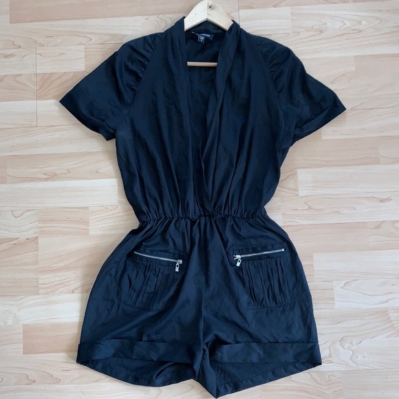 Bebe black satin romper with silver zipper pockets - Picture 1 of 5